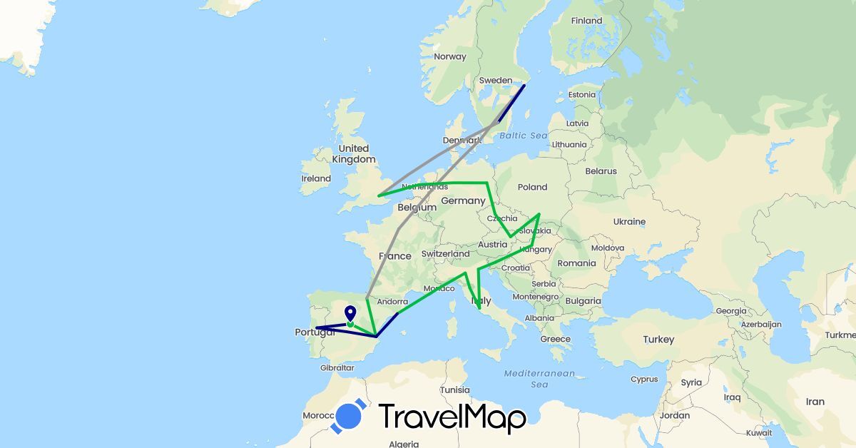 TravelMap itinerary: driving, bus, plane in Austria, Czech Republic, Germany, Denmark, Spain, France, United Kingdom, Hungary, Italy, Netherlands, Poland, Portugal, Sweden, Slovenia (Europe)